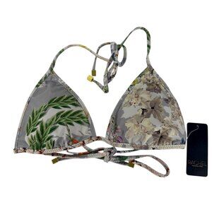RACHEL Rachel Roy NEW Fleur Silver Bikini Top Tie Med Tropical Floral T3RD4521